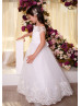 Off Shoulder Ivory Lace Applique Tulle Flower Girl Dress